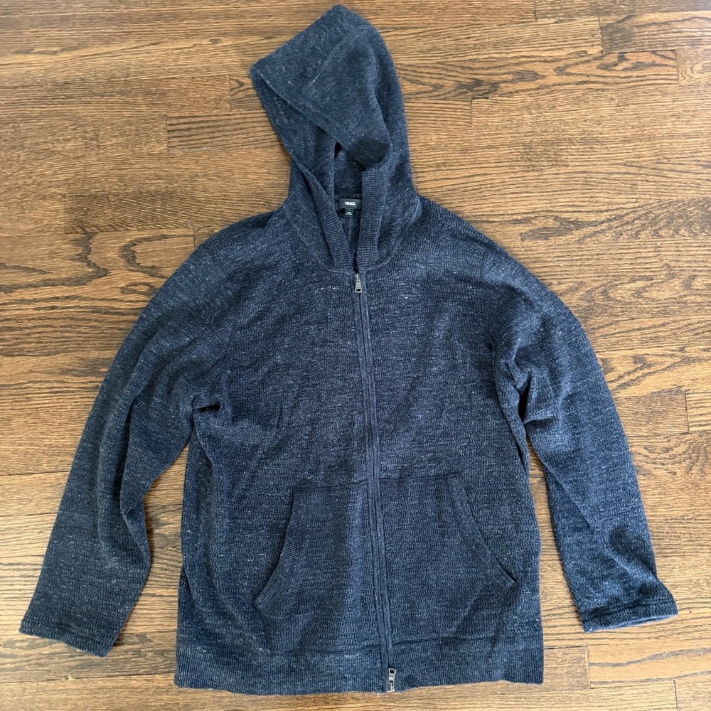 Men's Navy Zip-Up Hooded Sweater, Vince, Large